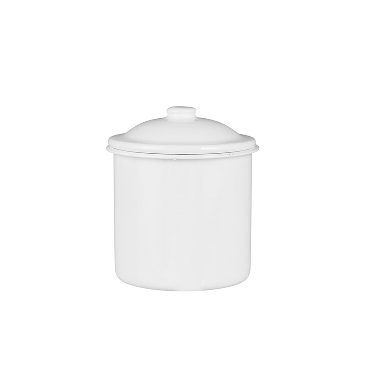 Grote rechte witte emaille voorraadpot met deksel tegen een witte achtergrond.
