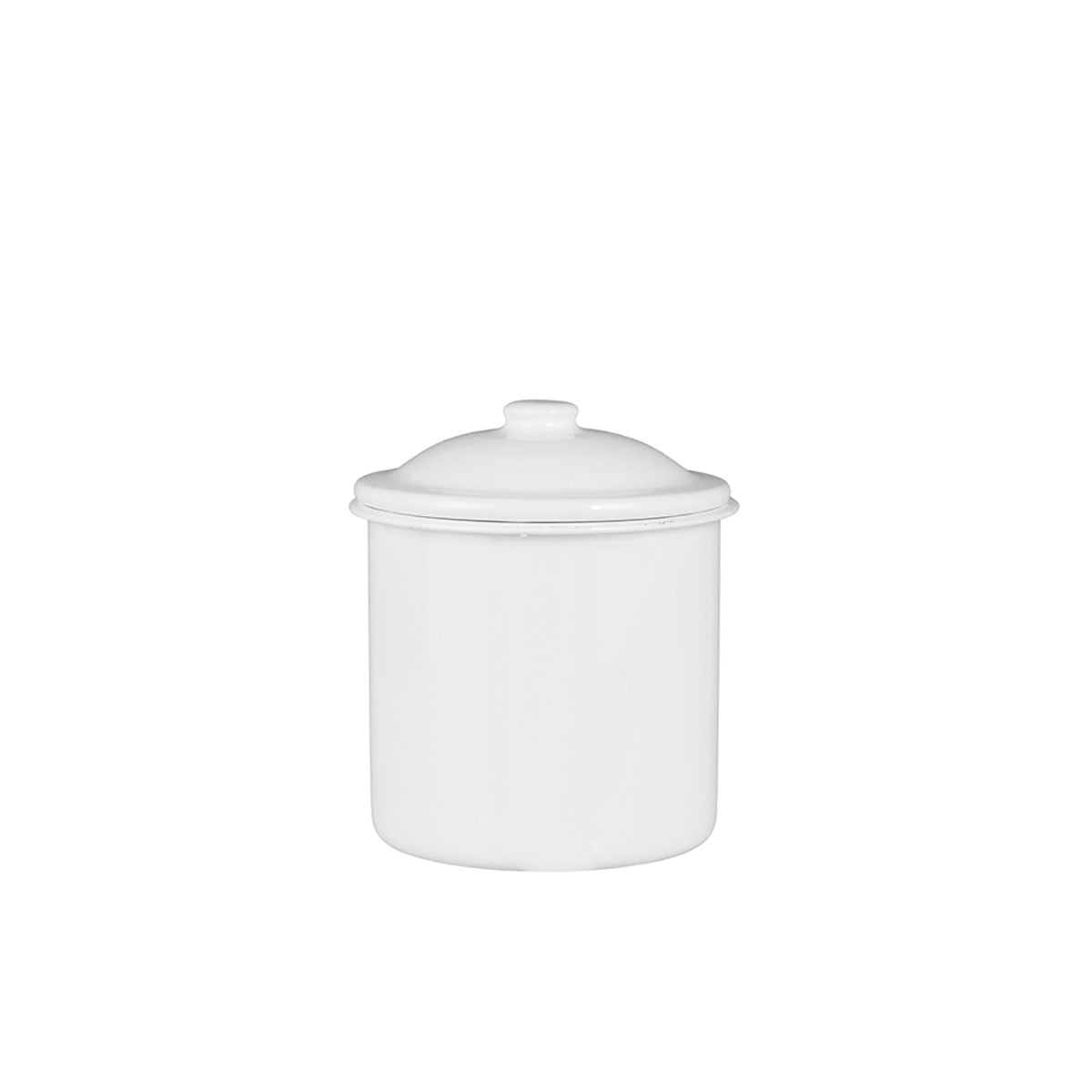 Kleine rechte witte emaille voorraadpot met deksel tegen een witte achtergrond.
