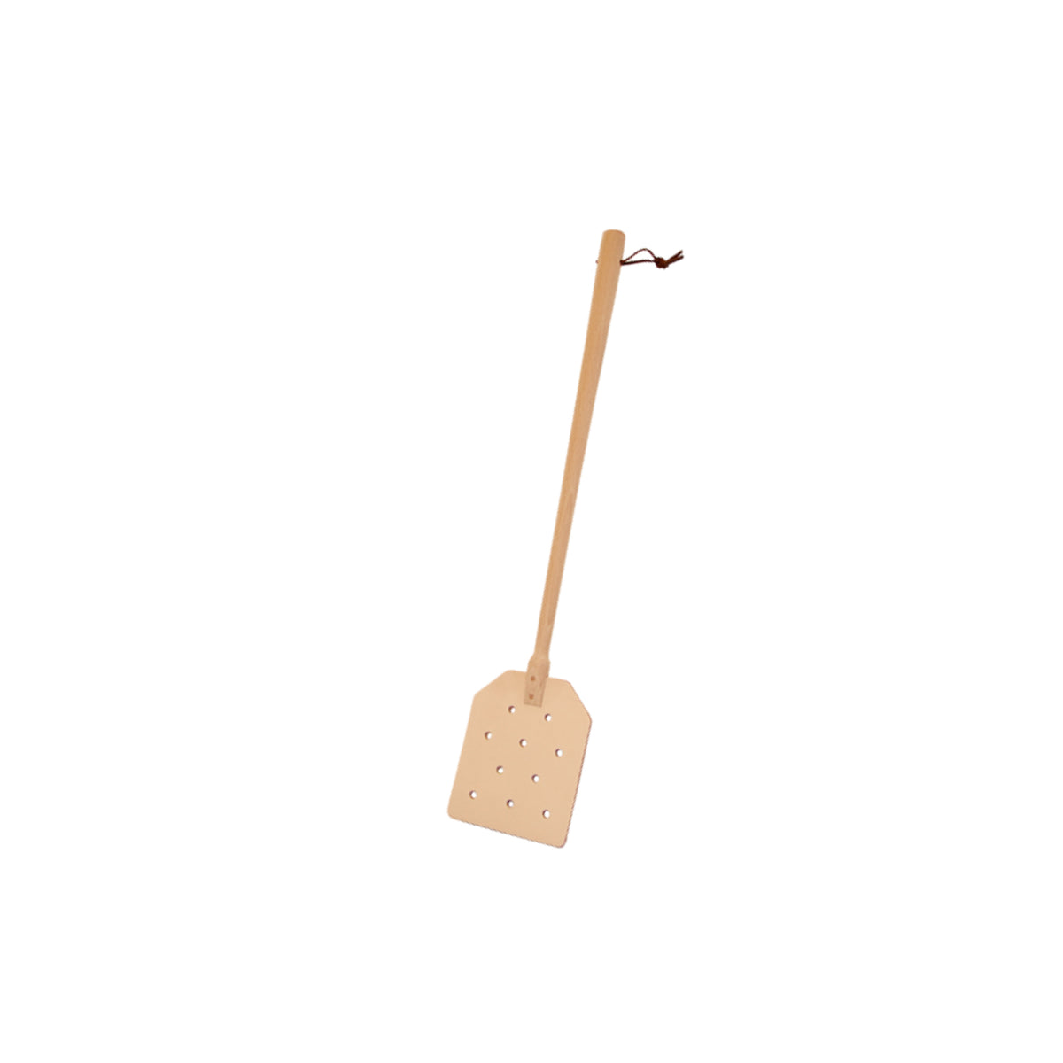 Leren vliegenmepper met een handvat van onbehandeld beukenhout.